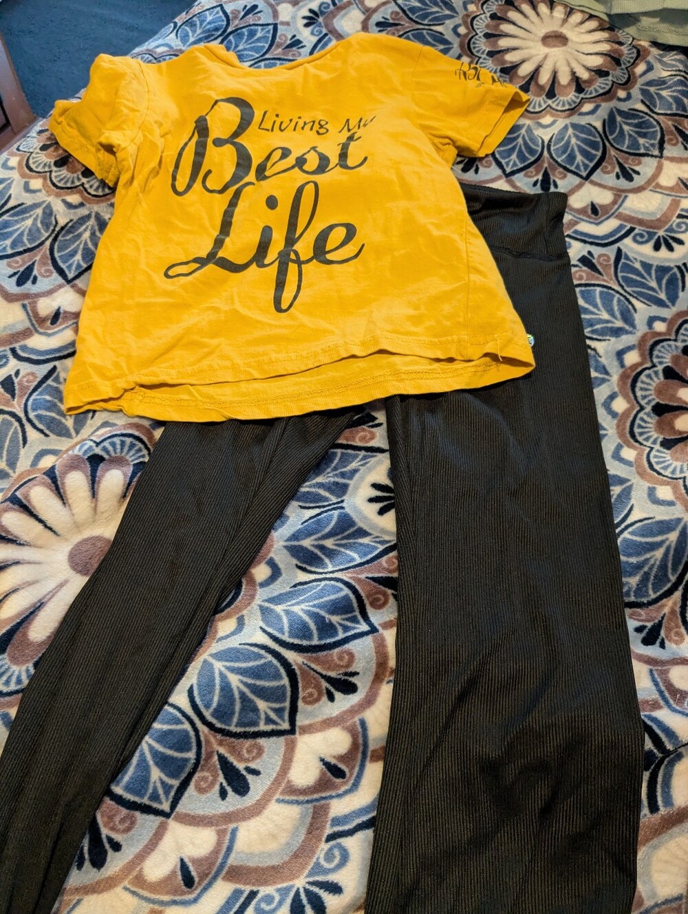 On Fire Yellow 'Best Life' Graphic Tee with Black Ribbed Leggings Set